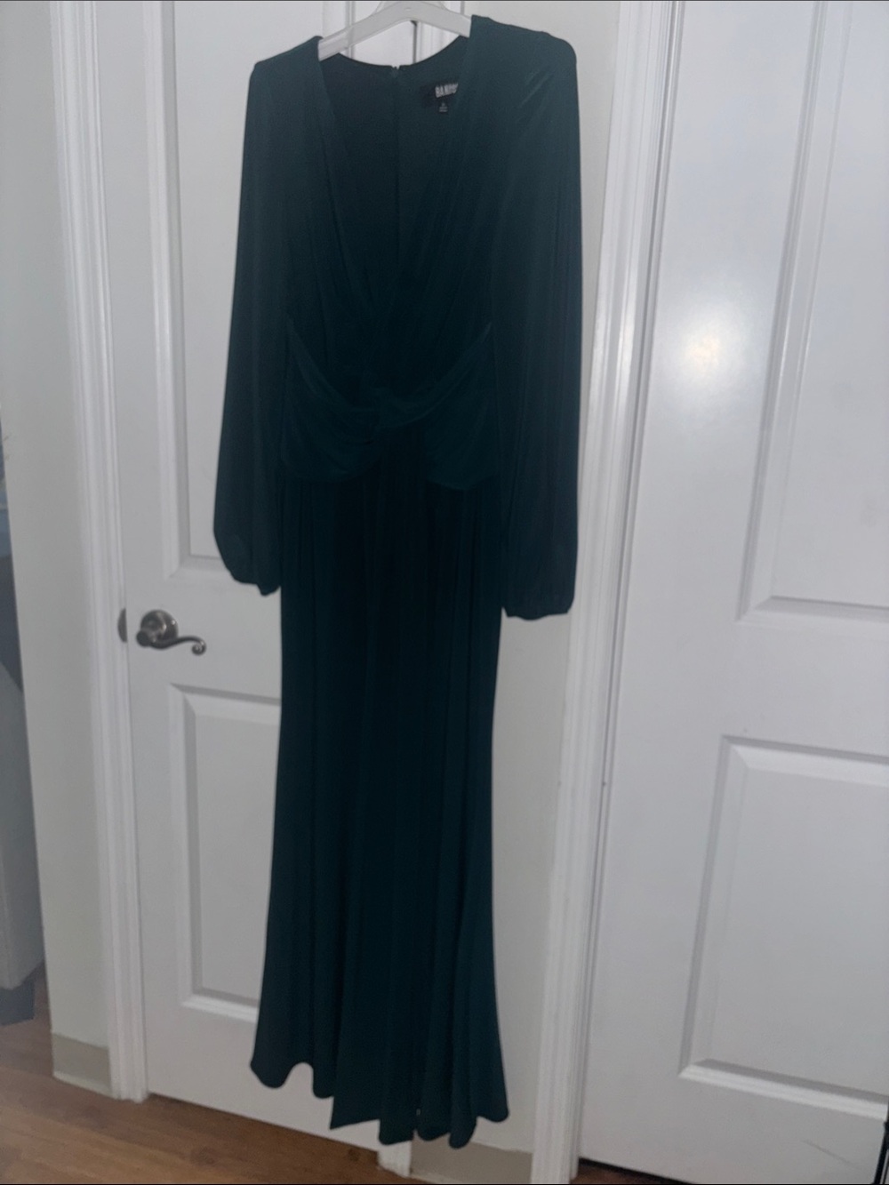 BA NITES Forrest green Long Sleeve Maxi Dress with Draped V-Neck
